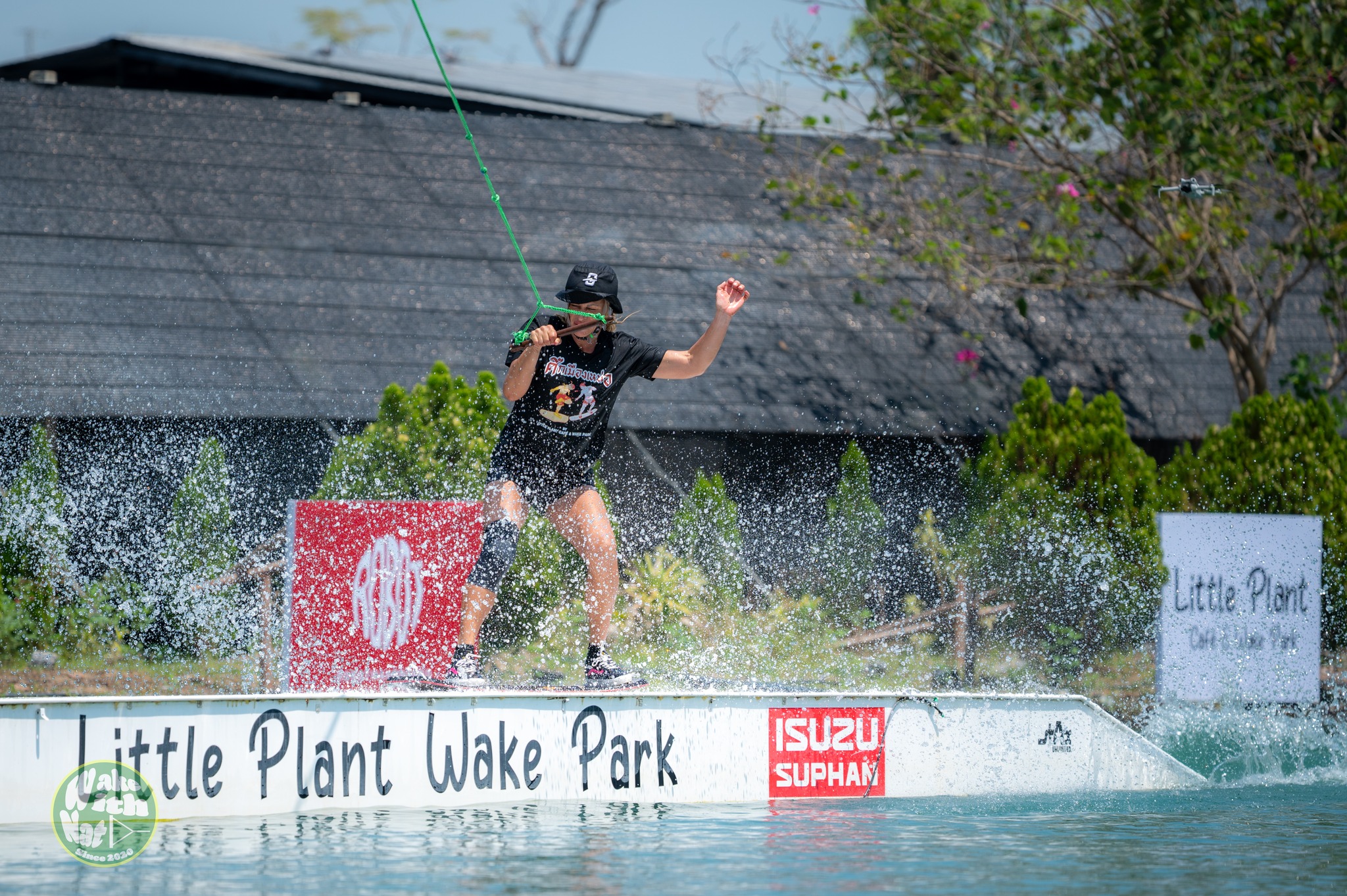 Wakeboarding action shot at Little Plant cable wake park Thailand