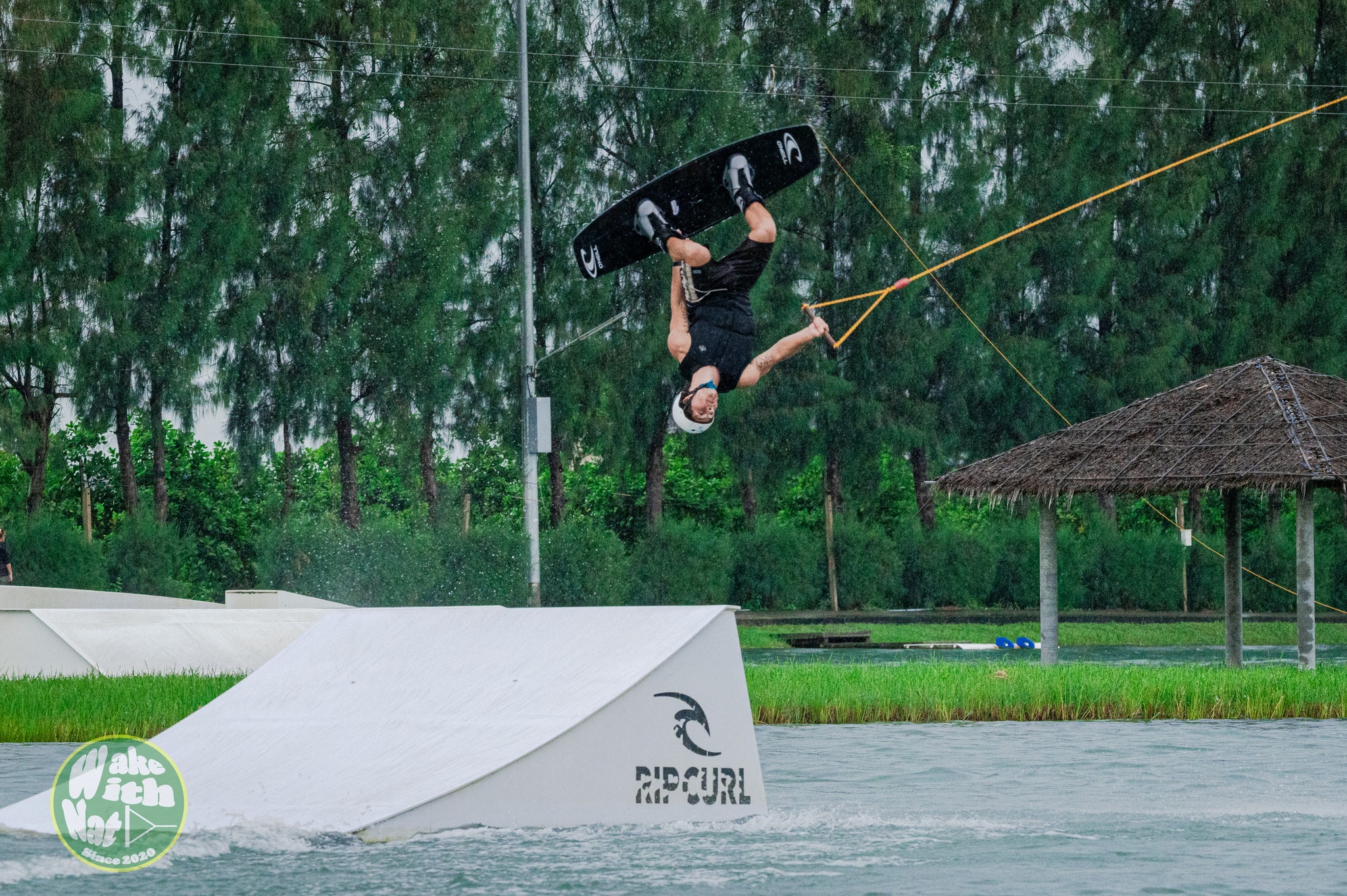 Rider sliding a rail feature at TWP Lumlukka, Thailand's biggest cable wake park