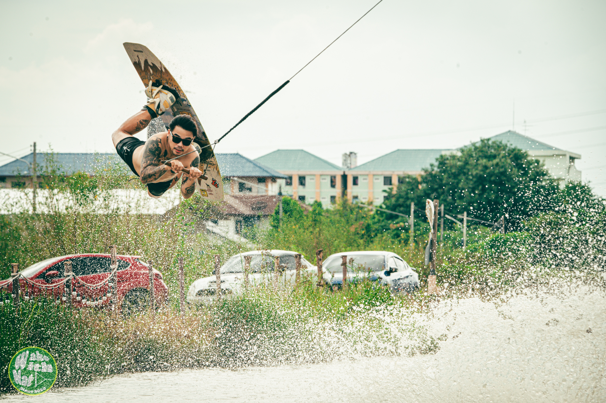 Rider sliding a rail at Varapa Wakepark cable wake park Thailand