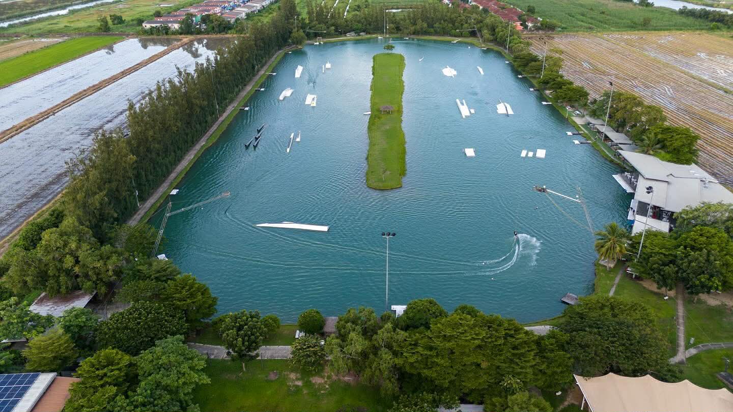 Drone view of Thai Wake Park Lumlukka Bangkok - 5-corner cable system and obstacles